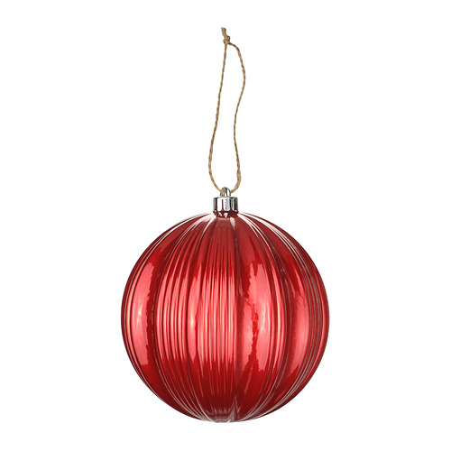 Adorno navideño rojo brillante brillante, redondo con diseño de ranuras, cuelga de cuerda de yute natural.