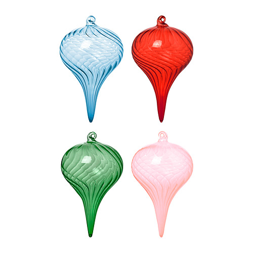 Cuatro coloridos adornos de vidrio en azul, rojo, verde y rosa. Cada uno tiene un colgador de cinta y textura acanalada. Forma parte de la colección VINTERFINT.