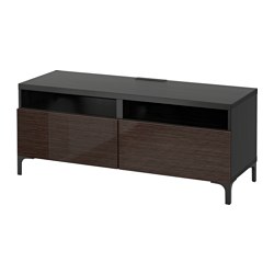 BESTÅ, Banco para TV con guía para gaveta, cierre suave, Negro-marrón / Selsviken alto brillo / marrón
