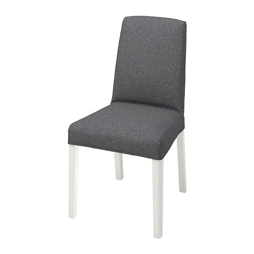 Silla de comedor tapizada en color gris con patas blancas, diseño moderno.