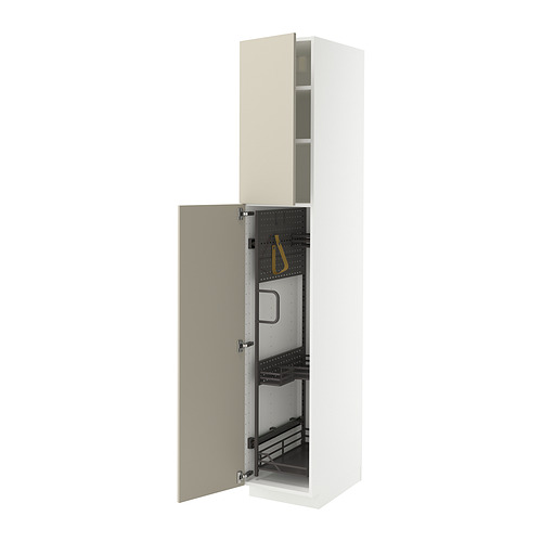 Un armario alto METOD blanco con puertas havstorp beige, una abierta que revela partes organizadas, ideal para el almacenamiento.