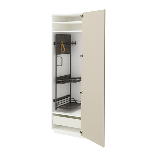 Mueble de cocina METOD beige abierto con estante ajustable y cajón extraíble.