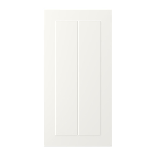 Una puerta de armario STENSUND blanca con un diseño de panel ranurado y enmarcado. La puerta es rectangular y de superficie lacada.