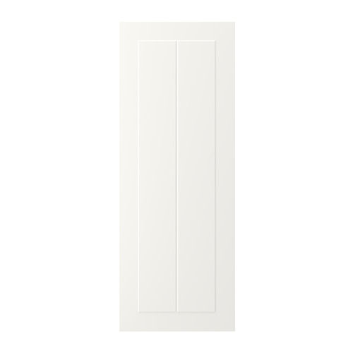 Una puerta de armario STENSUND blanca. Tiene un diseño de panel enmarcado y ranurado. Fabricado en tableros de fibra, lacado y resistente a la humedad.