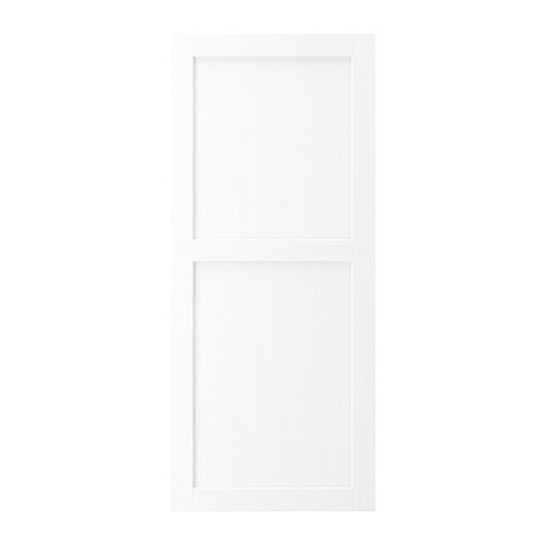 Una puerta de armario ENKÖPING blanca con un diseño sencillo y rectangular. La puerta tiene una textura vertical de madera y está enmarcada, lo que le da un aspecto clásico.