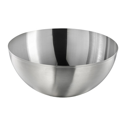 Cuenco de acero inoxidable, plata elegante, forma redonda, diseño suave.