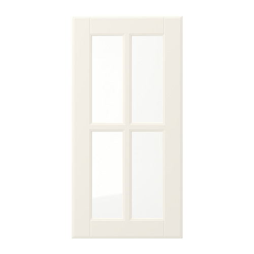 Puerta BODBYN de color blanco roto con paneles biselados, superficie lacada lisa y vidrio templado, ideal para cocinas tradicionales.