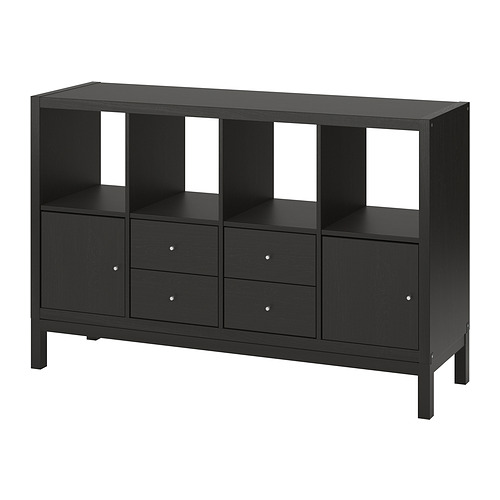 Mueble de almacenaje KALLAX negro con estantes, cajones y armarios. Diseño moderno y funcional para salones o comedores.