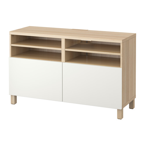 Mueble de TV Ikea BESTÅ, mezcla blanco/madera, 2 estantes cerrados, 2 abiertos, diseño minimalista.