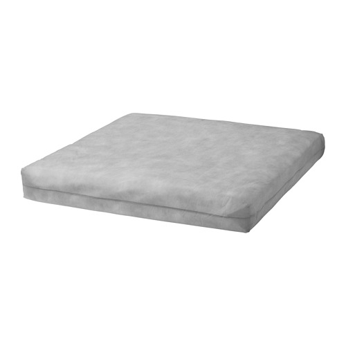 El cojín DUVHOLMEN es de color gris claro, cuadrado, con relleno de poliéster suave. Está diseñado para la comodidad y el uso en exteriores.