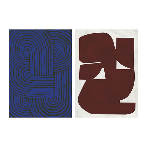 Dos impresiones artísticas una al lado de la otra: izquierda, remolinos azules, derecha, formas granates.