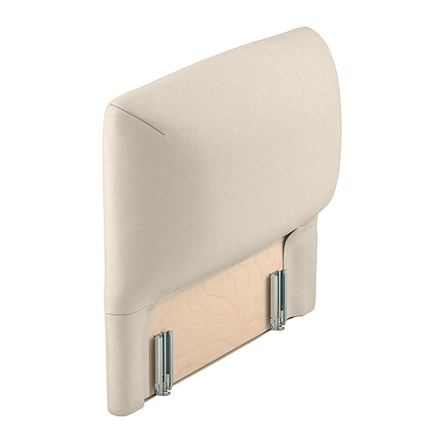 Un cabecero LILLEHEM en color beige con acabado en tejido liso. Tiene forma curva y se fija a la pared con soportes de madera.