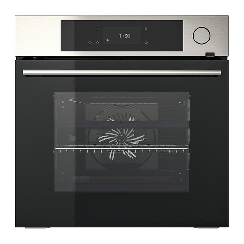 Moderno horno empotrado de acero inoxidable y negro con pantalla digital y controles táctiles. Diseño elegante y gran puerta de vidrio.