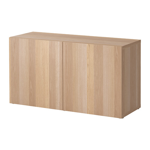 Un mueble de almacenaje BESTÅ de ikea en color madera clara, con dos puertas de armario cerradas.