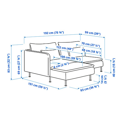 SÖDERHAMN, 2 seat sofa with chaise longue. 8 of 8 open dialog