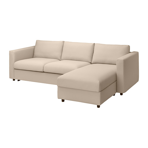 Descripción de la imagen: sofá modular beige con tumbona abierta. Diseño moderno, líneas limpias, cojines cómodos.