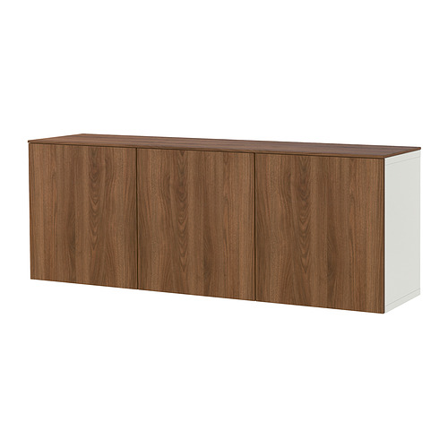 Ikea BESTÅ: estantería de pared, blanco y marrón, cuatro puertas de madera, diseño moderno.