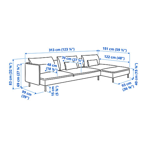 SÖDERHAMN, 4 seat sofa bed with chaise longue and open end. 6 of 6 open dialog