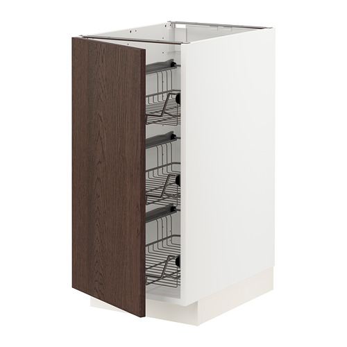 Mueble de cocina METOD con estantes de alambre, frente de madera marrón oscuro.