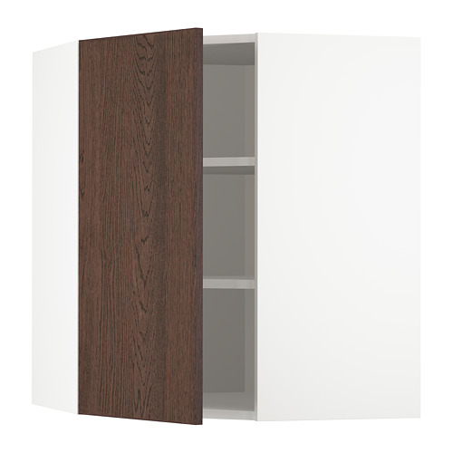 Mueble de cocina abierto con puerta de madera marrón oscuro, estante ajustable, diseño moderno, interior blanco.