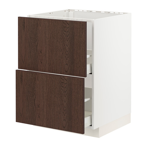 Mueble de cocina METOD blanco con cajones sinarp marrón oscuro, cantos de madera, forma rectangular.
