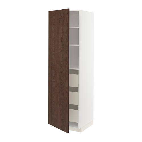 Mueble de cocina METOD: blanco, puerta de vetas de madera, estantes altos, delgados, ajustables.
