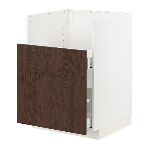 Mueble de cocina METOD, madera marrón oscuro, marco blanco, cajones elegantes.