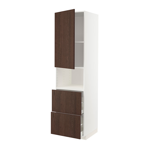 Un mueble de cocina moderno blanco y marrón oscuro con cajones abiertos y puerta, con un diseño elegante con bordes de madera maciza.