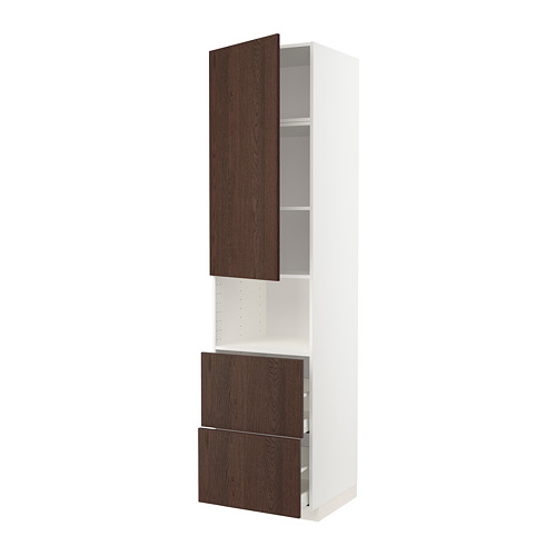 Moderno gabinete de cocina blanco con puertas, cajones y diseño elegante de madera marrón oscuro.