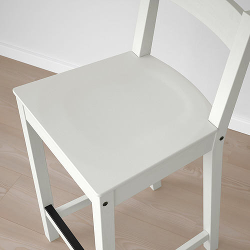 Taburete moderno de madera blanca con respaldo curvo, diseño robusto, ideal para islas de cocina.