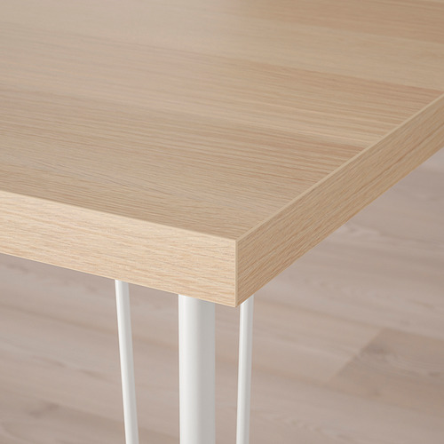 Primer plano de una mesa moderna de madera clara con bordes y patas limpios, que muestra un diseño elegante y minimalista.