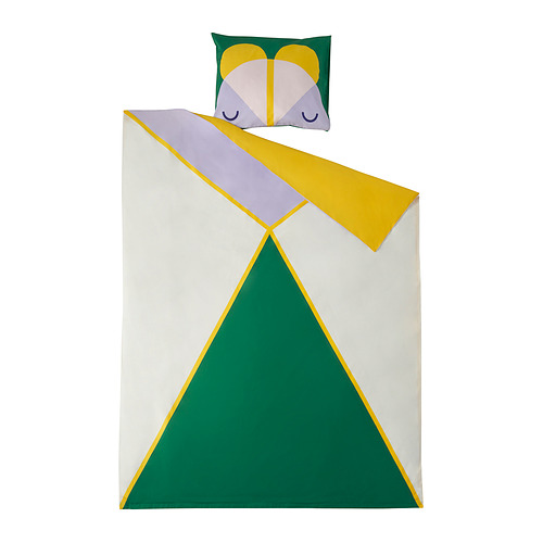 Colorido juego de cama geométrico con almohada. Amarillo vibrante, verde y lavanda. Diseño abstracto moderno.