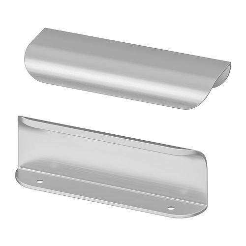 Dos elegantes tiradores de armarios de cocina de aluminio plateado de la colección BILLSBRO. Tienen un diseño minimalista y curvo con acabado con recubrimiento en polvo.