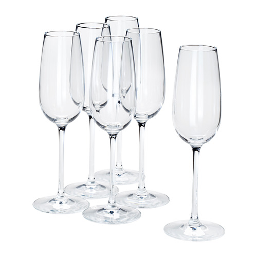 Seis copas de vino de cristal claro STORSINT, cinco agrupadas, una separada. Tallos largos, cuencos anchos, diseño brillante y elegante.