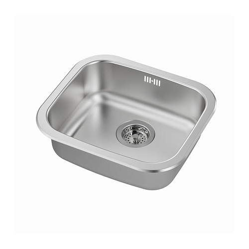 Fregadero rectangular de acero inoxidable, elegante y moderno. Un solo tazón, acabado pulido brillante. Material fonoabsorbente para un uso silencioso.