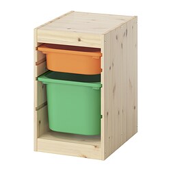 TROFAST, combinación almacenamiento+cajas, Pino teñdo claro / naranja claro / verde vivo