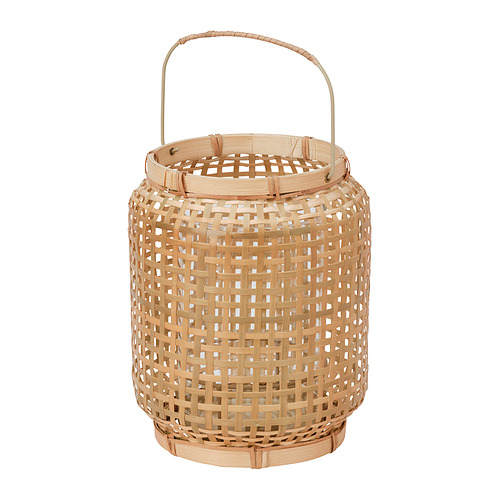 Linterna de mimbre PÅVEFINK, beige claro natural, circular con mango, bambú y cristal.