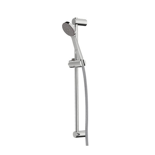 Barra elevadora de ducha cromada con soporte ajustable y rociador de mano.