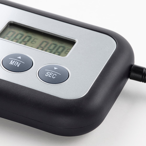 Temporizador digital negro con pantalla grande y dos botones etiquetados como min y sec, diseñado con materiales de calidad para mayor durabilidad.