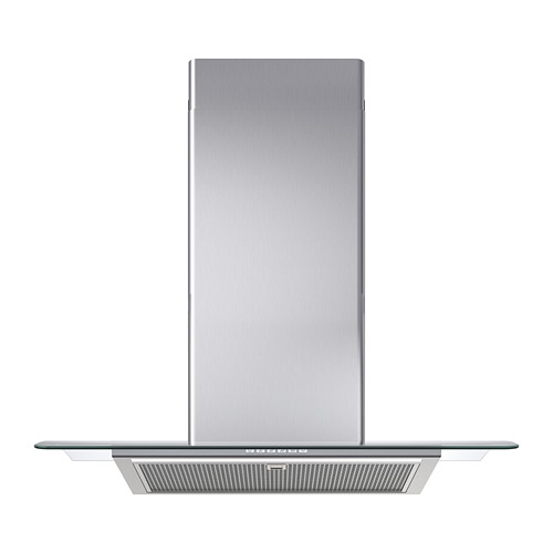 Una campana de cocina de acero inoxidable BALANSERAD con un elegante borde de vidrio, luz led y un panel de control en la parte delantera.