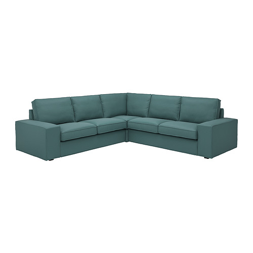 Sofá seccional KIVIK verde azulado con brazos bajos, cojines de felpa y tela duradera. Ideal para descansar y socializar.