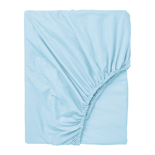 Sábana ajustable azul claro de DVALA , hecha de algodón suave 100% con bordes elásticos.