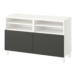 BESTÅ, banco TV con puertas, Blanco / Lappviken gris oscuro