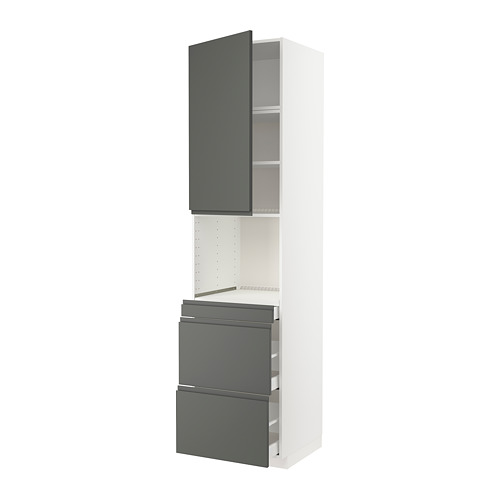 Un moderno mueble de cocina METOD blanco con cajones y armario en gris oscuro. Tiene un diseño elegante sin asas y un estante abierto.