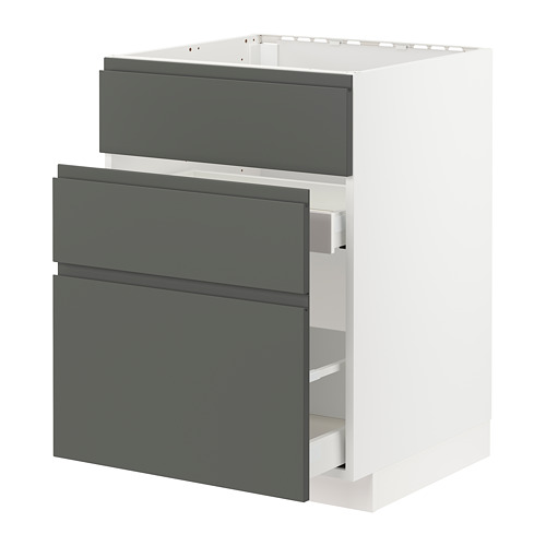 Mueble de cocina moderno, blanco y gris. Cajones gris oscuro mate, tiradores elegantes, construcción robusta. Topes de cajón integrados, correderas lisas.