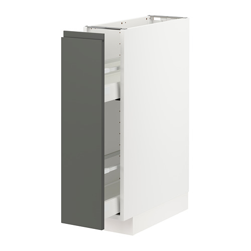 Mueble de cocina moderno, sistema METOD, blanco y gris oscuro, con estantes extraíbles, diseño elegante.