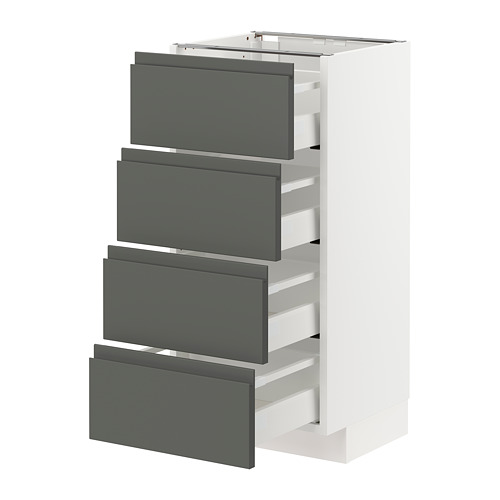 Mueble de cocina blanco con cuatro cajones grises, diseño moderno y elegante.