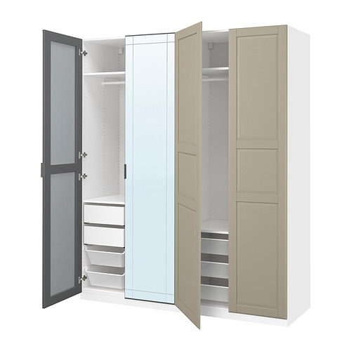 Armario PAX: blanco y beige, diseño moderno, puertas abiertas que revelan estantes y cajones, puertas con espejos y sólidas, con compartimentos organizados.