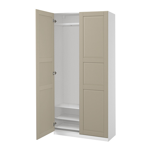 Armario Ikea PAX, beige, abierto, rectangular, diseño sencillo, tablero de fibra y acero.