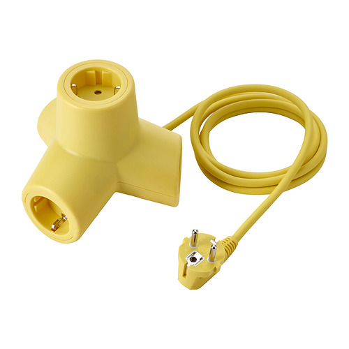 Adaptador de corriente de 4 vías HORNFELS amarillo. Creativo, policarbonato reciclado, diseño divertido.